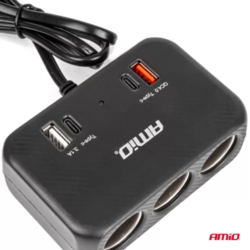 AMiO tripla szivargyújtó-elosztó töltő 1x USB-A 1x USB C QC 4.0 12/24V 120W 80cm (04365)