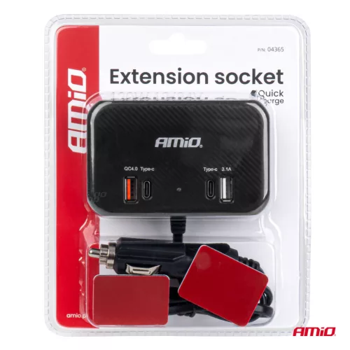 AMiO tripla szivargyújtó-elosztó töltő 1x USB-A 1x USB C QC 4.0 12/24V 120W 80cm (04365)