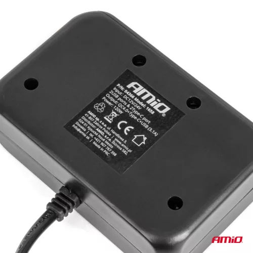 AMiO tripla szivargyújtó-elosztó töltő digitális kijelzővel 2x USB-A 1x USB C QC 4.0 12/24V 120W 80cm (04366)