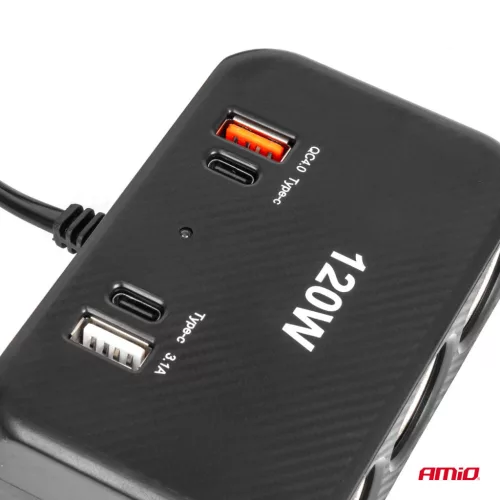 AMiO tripla szivargyújtó-elosztó töltő digitális kijelzővel 2x USB-A 1x USB C QC 4.0 12/24V 120W 80cm (04366)