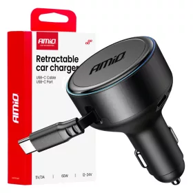   AMiO visszahúzható autós töltő C kábel + USB C port 12/24V 60W (04368)
