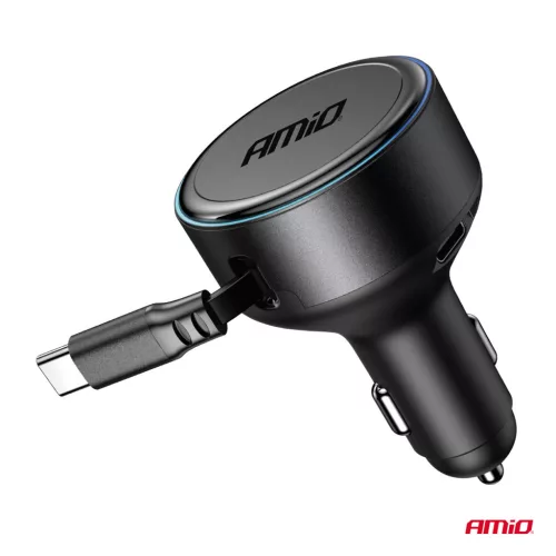 AMiO visszahúzható autós töltő C kábel + USB C port 12/24V 60W (04368)