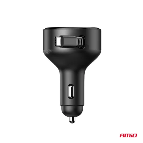 AMiO visszahúzható autós töltő C kábel + USB C port 12/24V 60W (04368)