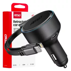   AMiO visszahúzható autós töltő C kábel + lightning kábel + USB C port 12/24V 60W (04370)