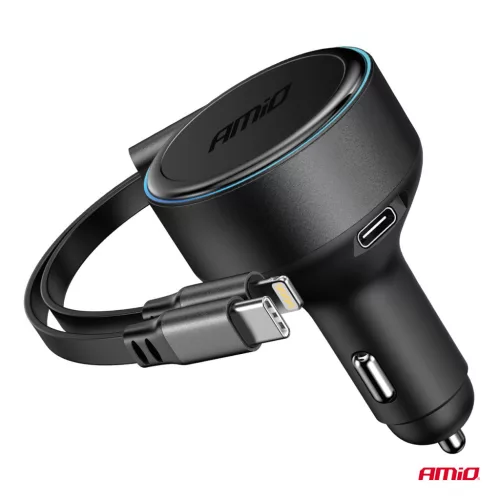 AMiO visszahúzható autós töltő C kábel + lightning kábel + USB C port 12/24V 60W (04370)