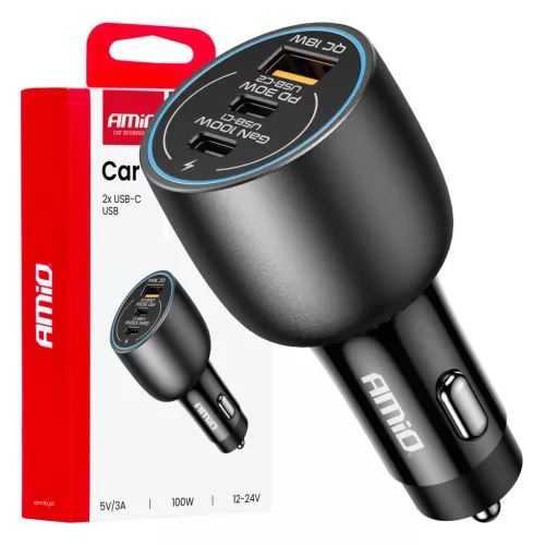 AMiO autós töltő 2x USB C port + USB-A port 12/24V 100W (04371)