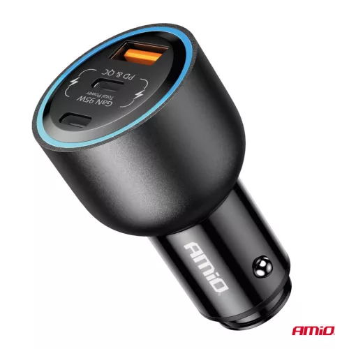 AMiO autós töltő dupla USB C port + USB-A port 12/24V 95W (04372)