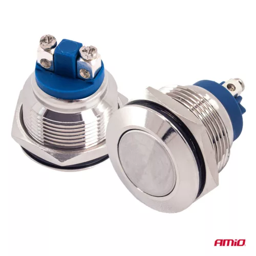 AMiO lapos, kerek acél nyomógomb 19 mm, 5 a, 12/230 V, (04436)