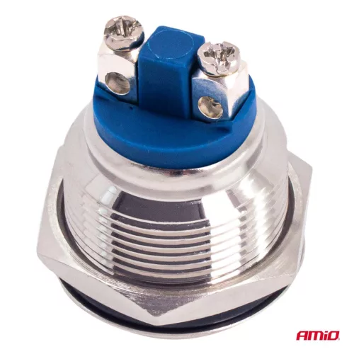 AMiO lapos, kerek acél nyomógomb 19 mm, 5 a, 12/230 V, (04436)