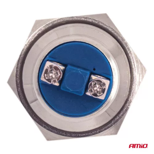 AMiO lapos, kerek acél nyomógomb 19 mm, 5 a, 12/230 V, (04436)