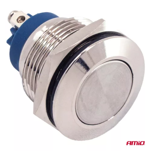 AMiO lapos, kerek acél nyomógomb 19 mm, 5 a, 12/230 V, (04436)