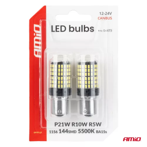 AMiO CANBUS LED izzó, BA15s (1156), P21W/R10W/R5W, 144 SMD 3030, 12/24 V (04473)