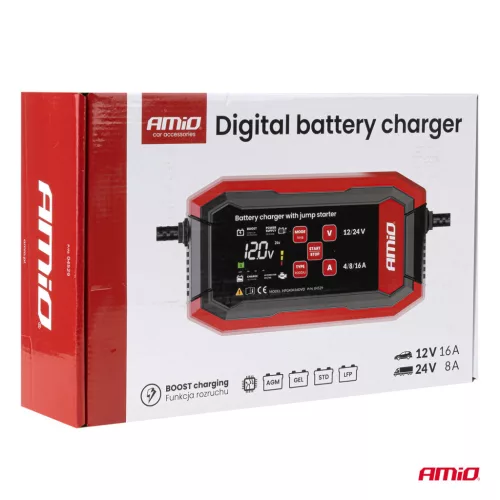 AMiO digitális akkumulátortöltő BOOST AGM GEL STD LiFePo4 max. 16A 12/24V PRO (04529)