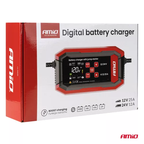 AMiO digitális akkumulátortöltő BOOST AGM GEL STD LiFePo4 max. 25A 12/24V PRO (04530)