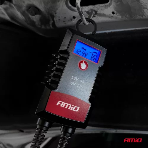 AMiO digitális akkumulátortöltő AGM GEL STD LiFePo4 max. 4A 6/12V PRO kampó (04531)