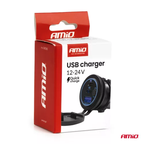 AMiO vízálló telefontöltő kapcsolóval kék LED háttérvilágítás USB + 2xUSB C QC3.0 12/24V (04596)