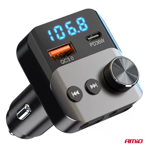 AMiO autós FM-transzmitter 1×USB-A 1×USB-C 12V 24V (04647)