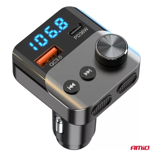 AMiO autós FM-transzmitter 1×USB-A 1×USB-C 12V 24V (04647)