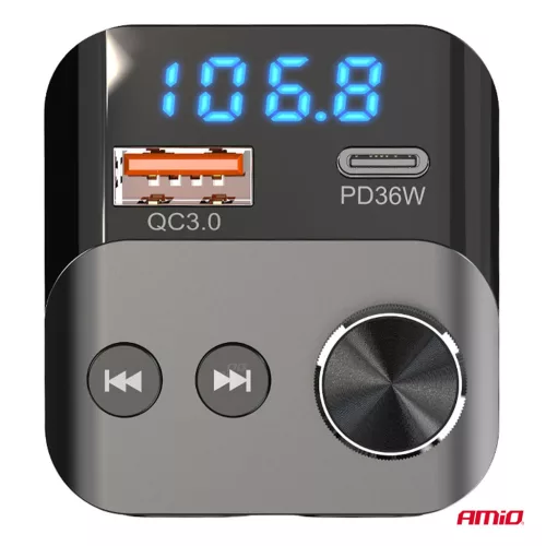 AMiO autós FM-transzmitter 1×USB-A 1×USB-C 12V 24V (04647)