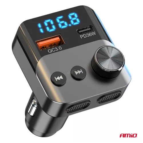 AMiO autós FM-transzmitter 1×USB-A 1×USB-C 12V 24V (04647)