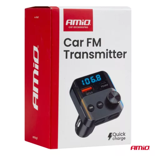 AMiO autós FM-transzmitter 1×USB-A 1×USB-C 12V 24V (04647)