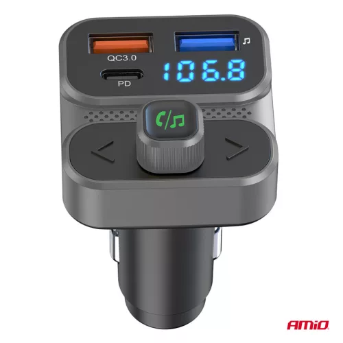 AMiO autós FM-transzmitter 2×USB-A 1×USB 12V 24V (04649)