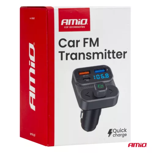 AMiO autós FM-transzmitter 2×USB-A 1×USB 12V 24V (04649)
