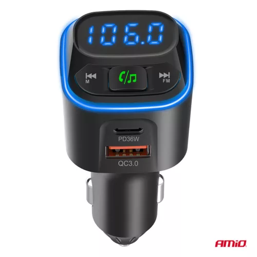 AMiO autós FM-transzmitter 1×USB-A 2×USB-C 12V 24V (04651)
