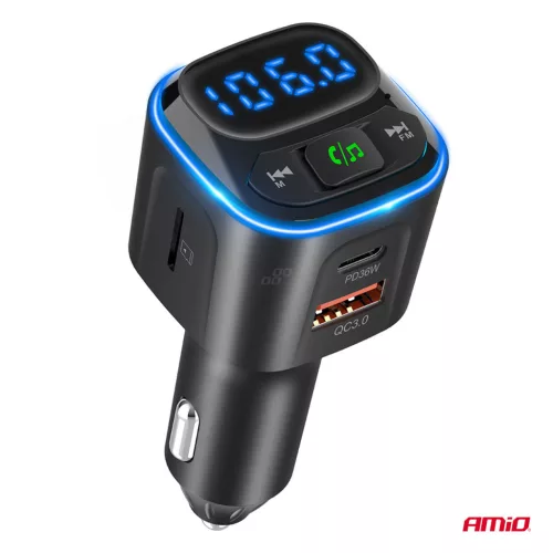 AMiO autós FM-transzmitter 1×USB-A 2×USB-C 12V 24V (04651)