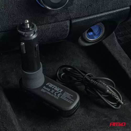 AMiO autós FM-transzmitter 2×USB-A 1×USB-C mircoSD 12V 24V (04653)