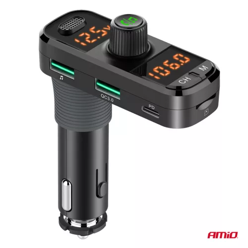 AMiO autós FM-transzmitter 2×USB-A 1×USB-C mircoSD 12V 24V (04653)