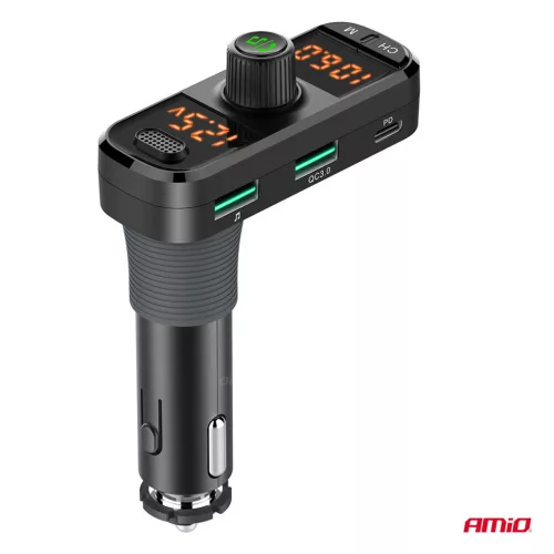 AMiO autós FM-transzmitter 2×USB-A 1×USB-C mircoSD 12V 24V (04653)