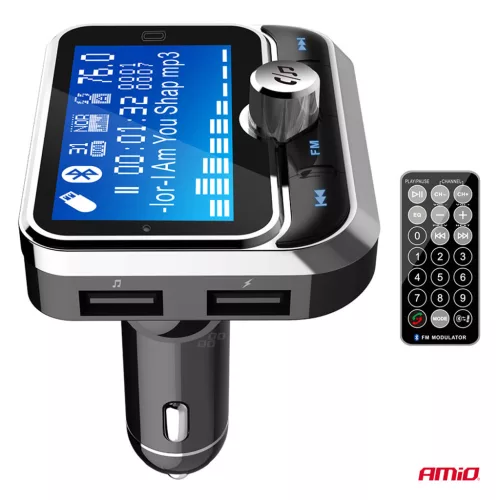 AMiO autós FM-transzmitter távirányítóval, 2×USB-A, 12/24 V (04657)