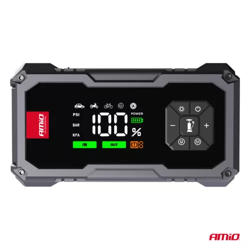 AMiO hordozható 4 az 1-ben indításrásegítő/LED/légkompresszor/Powerbank 12V 7,2Ah 600A PRO (04674)