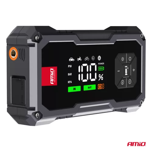 AMiO hordozható 4 az 1-ben indításrásegítő/LED/légkompresszor/Powerbank 12V 7,2Ah 600A PRO (04674)