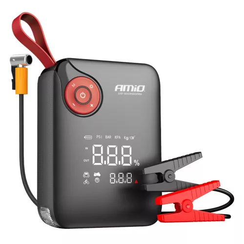 AMiO hordozható mini 4 az 1-ben indításrásegítő/LED/légkompresszor/Powerbank 12V 7,2Ah 600A PRO (04675)