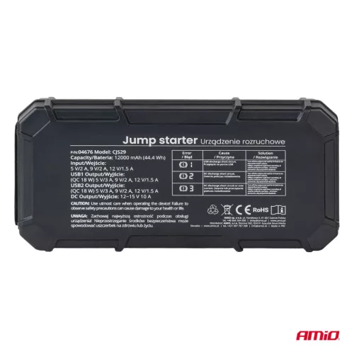 AMiO hordozható 3 az 1-ben indításrásegítő/LED/Powerbank 12V 12Ah 1000A PRO (04676)