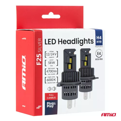 AMiO LED fényszóróizzók sorozat F25 SILVER FULL CANBUS H4/H19 54/58W 12V 24V (04703)