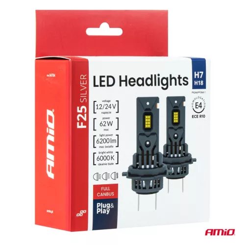 AMiO LED fényszóróizzók sorozat F25 SILVER FULL CANBUS H7/H18 62W 12V 24V (04704)