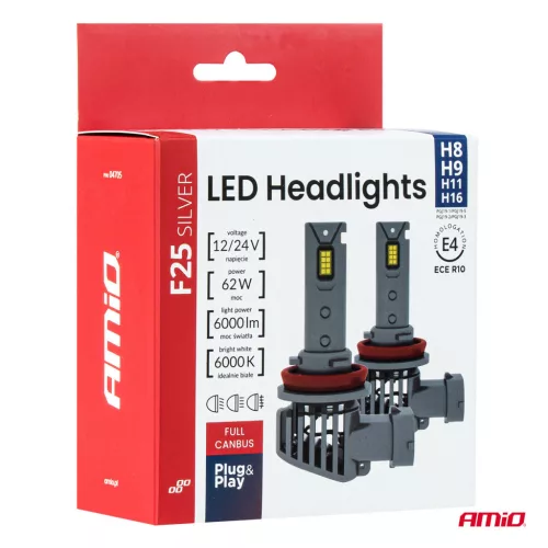 AMiO LED fényszóróizzók sorozat F25 SILVER FULL CANBUS H8/H9/H11/H16 62W 12V 24V (04705)