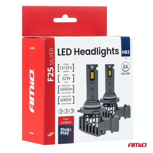 AMiO LED fényszóróizzók sorozat F25 SILVER FULL CANBUS HB3 9005 52W 12V 24V (04706)