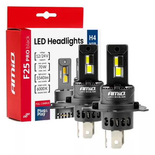AMiO LED fényszóróizzók sorozat F25 PRO BLACK FULL CANBUS H4 H19 70W 12V 24V (04719)