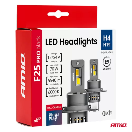 AMiO LED fényszóróizzók sorozat F25 PRO BLACK FULL CANBUS H4 H19 70W 12V 24V (04719)
