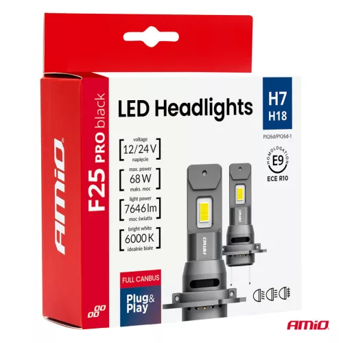 AMiO LED fényszóróizzók sorozat F25 PRO BLACK FULL CANBUS H7 68W 12V 24V (04720)