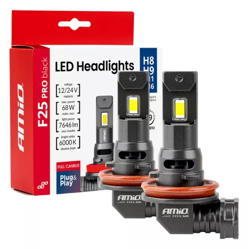 AMiO LED fényszóróizzók sorozat F25 PRO BLACK FULL CANBUS H8 H9 H11 H16 68W 12V 24V (04721)