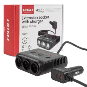   AMiO szivargyújtó-elosztó – töltő 4xUSB-a QC3.0 PD 3.0 180 W (04835)