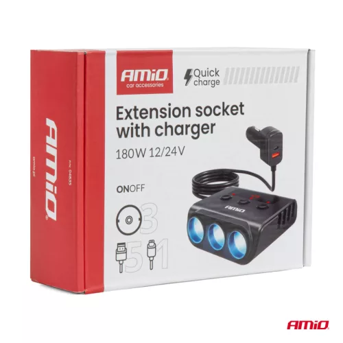 AMiO szivargyújtó-elosztó – töltő 4xUSB-a QC3.0 PD 3.0 180 W (04835)