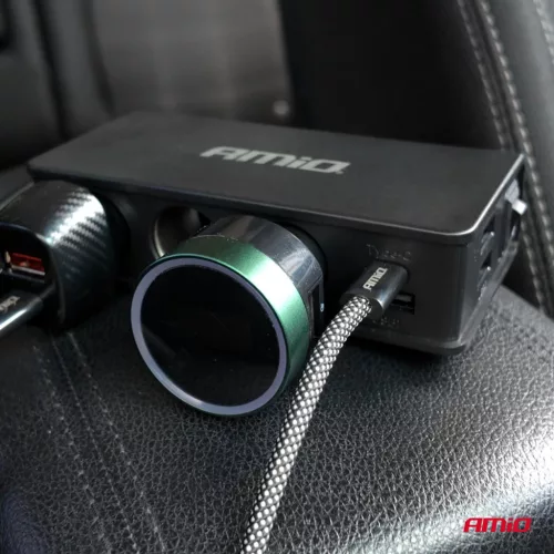 AMiO szivargyújtó-elosztó – töltő 3xUSB-a USB-C QC 3.0 PD 3.0. 148W (04836)