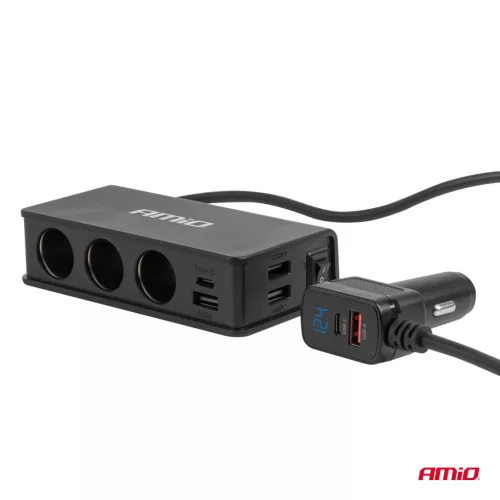 AMiO szivargyújtó-elosztó – töltő 3xUSB-a USB-C QC 3.0 PD 3.0. 148W (04836)