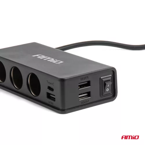 AMiO szivargyújtó-elosztó – töltő 3xUSB-a USB-C QC 3.0 PD 3.0. 148W (04836)